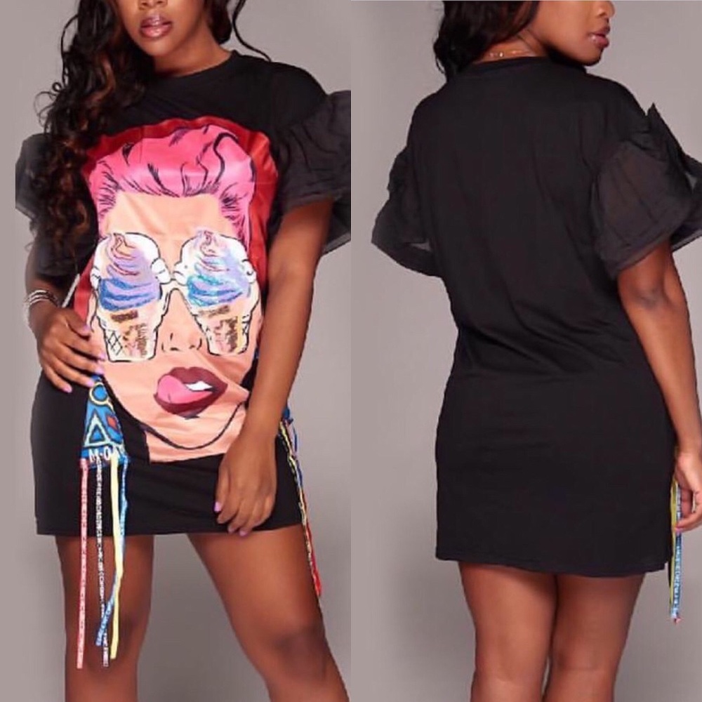 Oversized 3-D T-Shirt Mini Dress-BLK - Picture 6 of 7